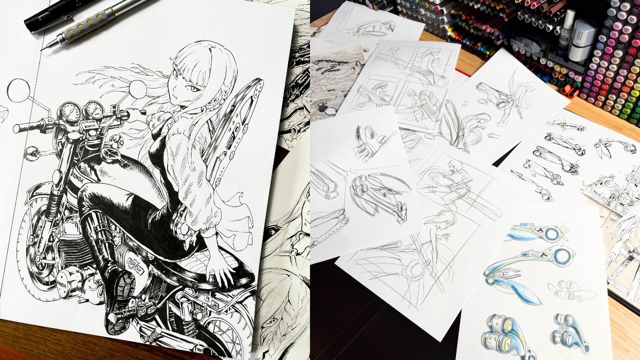 Personnage à moto encré, et recherches de designs de personnages