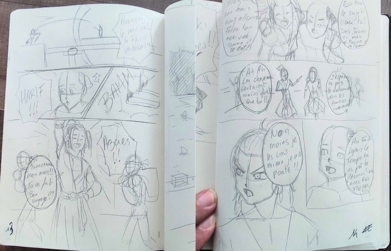 Storyboard d’un membre dessiné dans un carnet