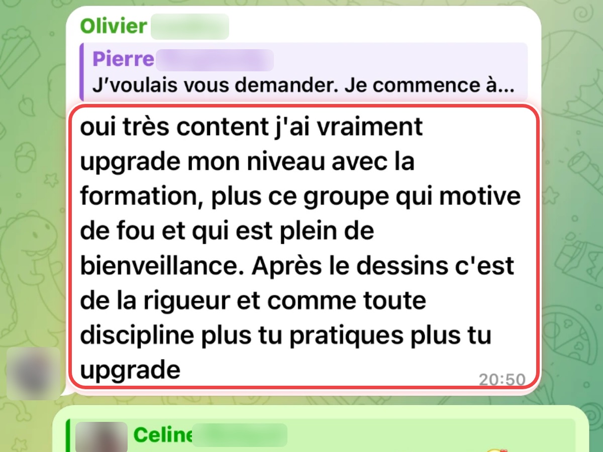 Message d’Olivier, membre du Dōjō : « très content, j’ai vraiment upgrade mon niveau avec la formation, plus ce groupe qui motive de fou et qui est plein de bienveillance »