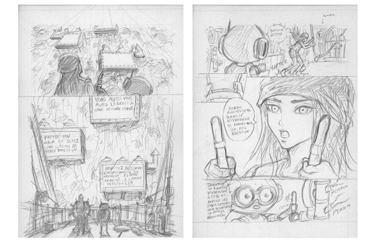 Storyboard au crayon de Wei : deux pages avec dialogues et mise en page