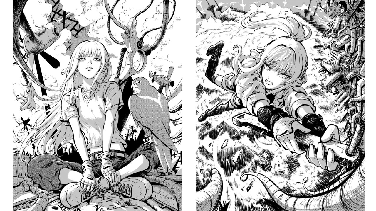 Deux illustrations encrées : personnages dans une végétation dense