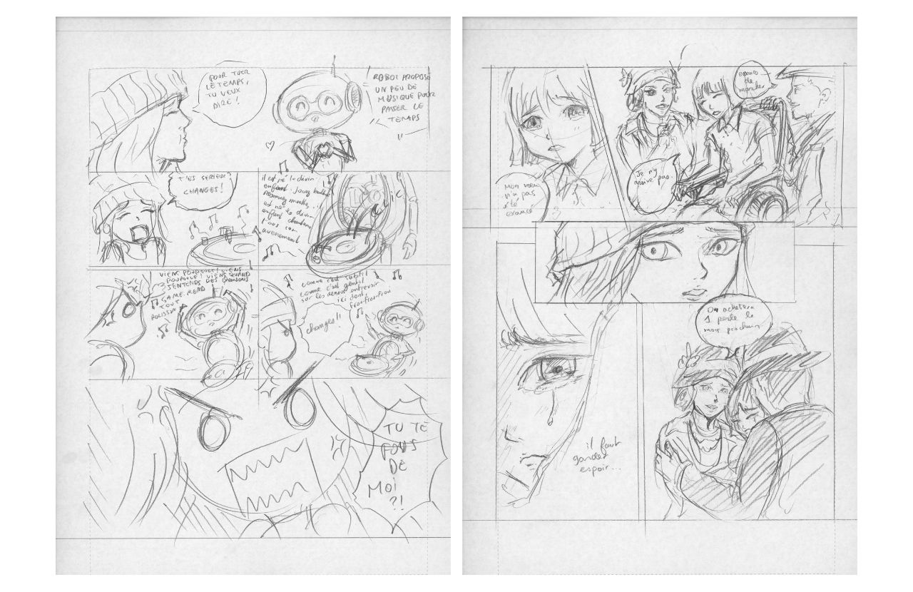 Storyboard au crayon de Wei : deux pages en cases avec dialogues