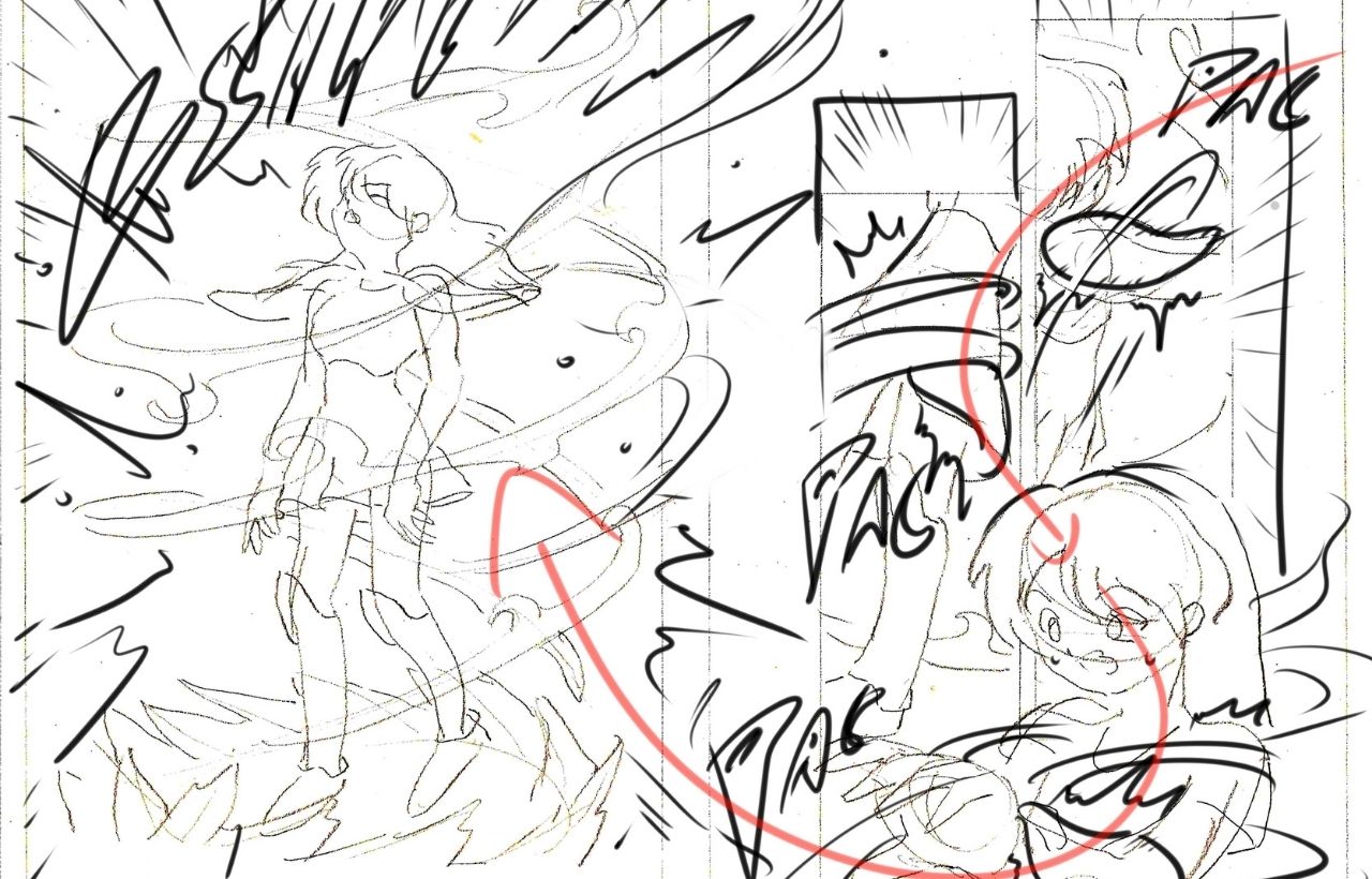 Storyboard d’un membre : esquisse dynamique avec lignes de force et effets de mouvement