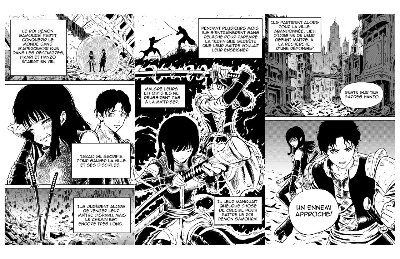 Double page de manga de Wei : scène nocturne en cases, noir et blanc