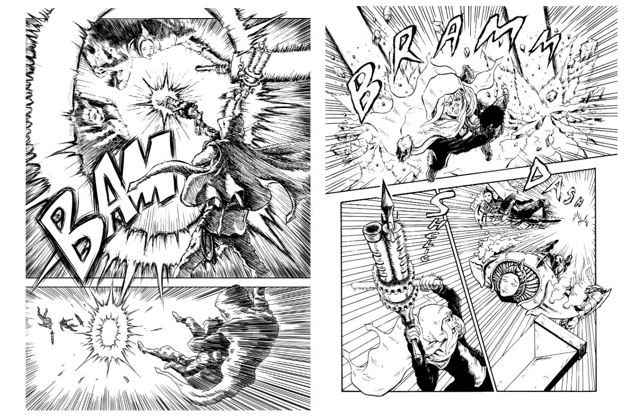 Double page de manga de Wei : scène d’action avec effets sonores, en noir et blanc