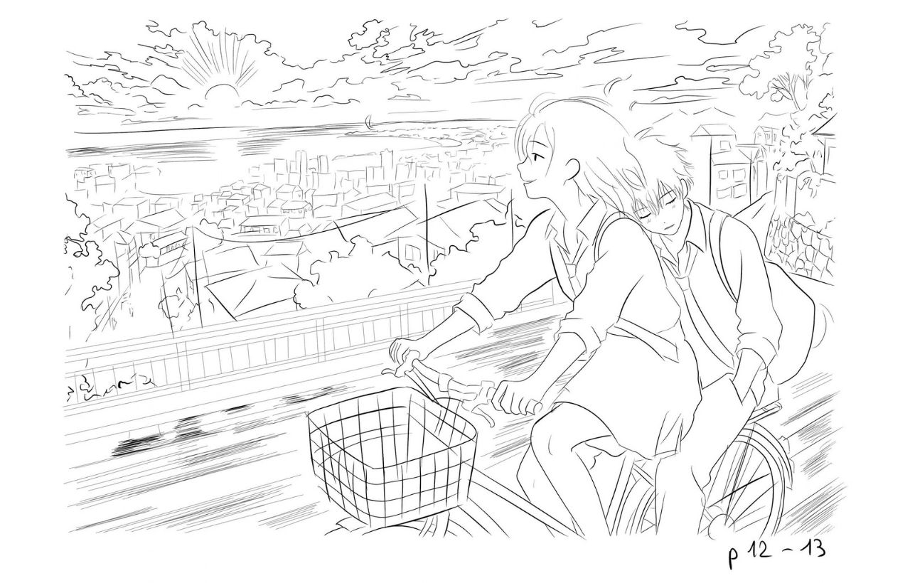 Planche de manga d’un membre : deux personnages à vélo au-dessus d’une ville, au lever du soleil