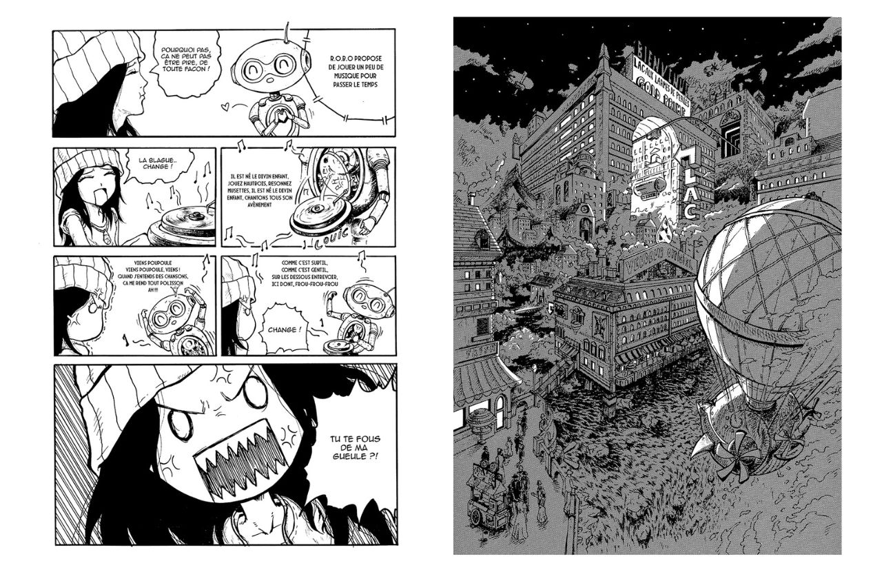 Deux pages de manga de Wei : planche en cases et grande illustration d’une ville