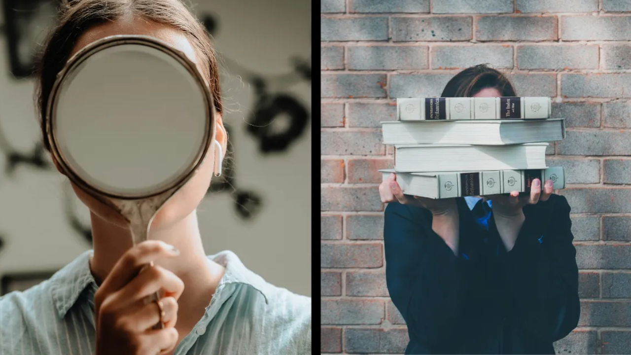 two women mirror and books