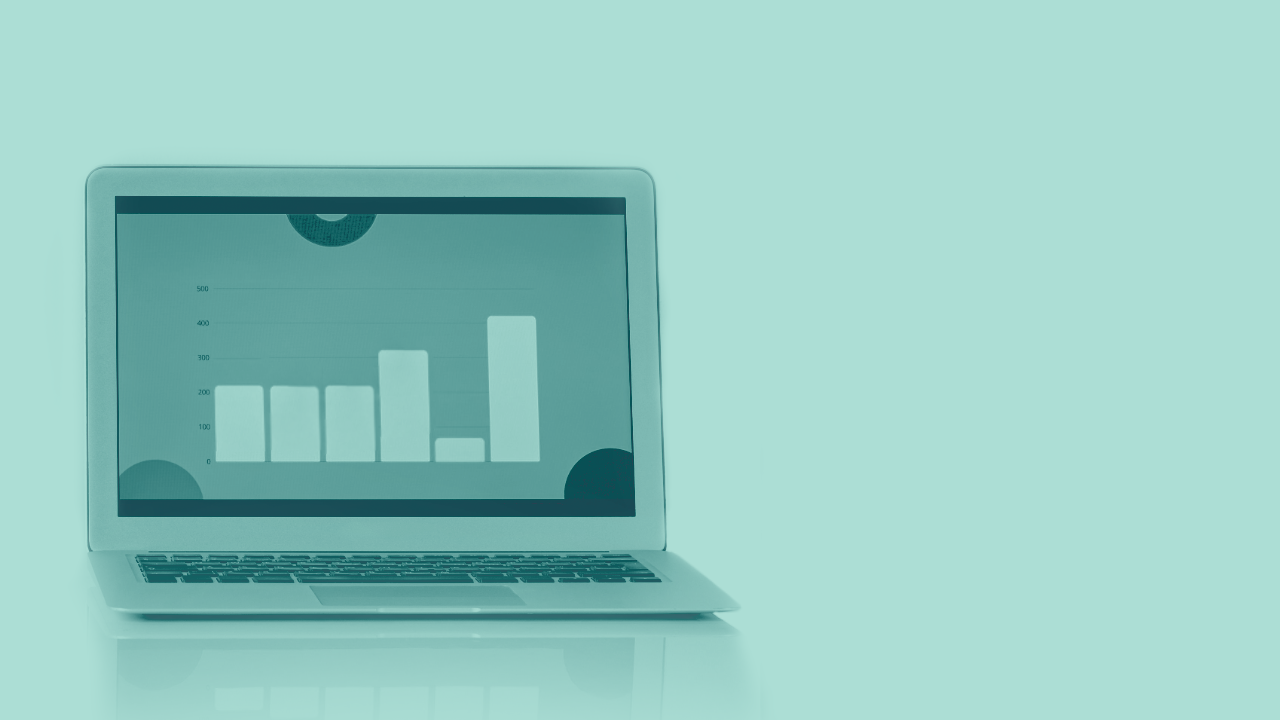 Laptop showing a bar chart of results, teal duotone, representing six months of B2B lead generation progress