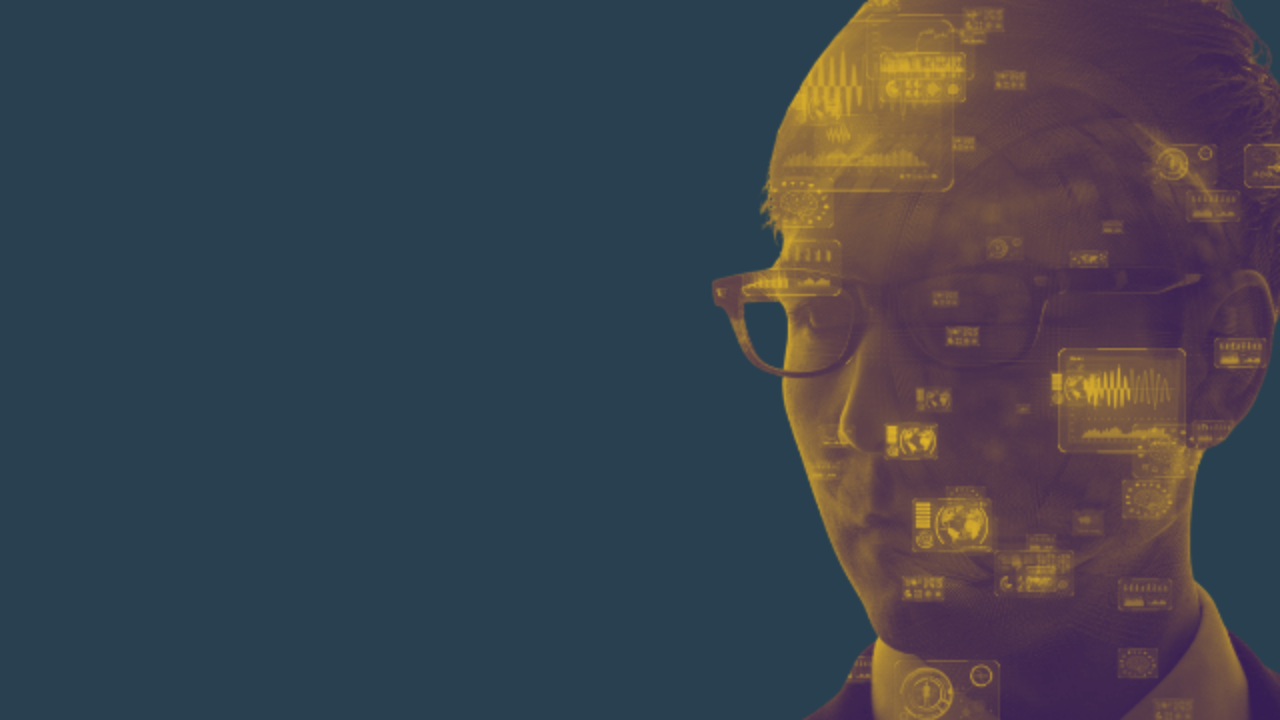 mans face with software UI tabs and text over his face