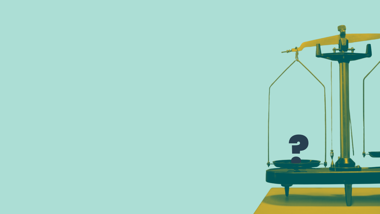 Balance scale with a question mark on one side, teal and yellow duotone