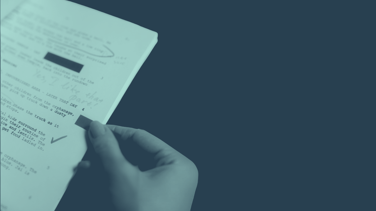 Hand marking a checkmark on an annotated document, teal duotone