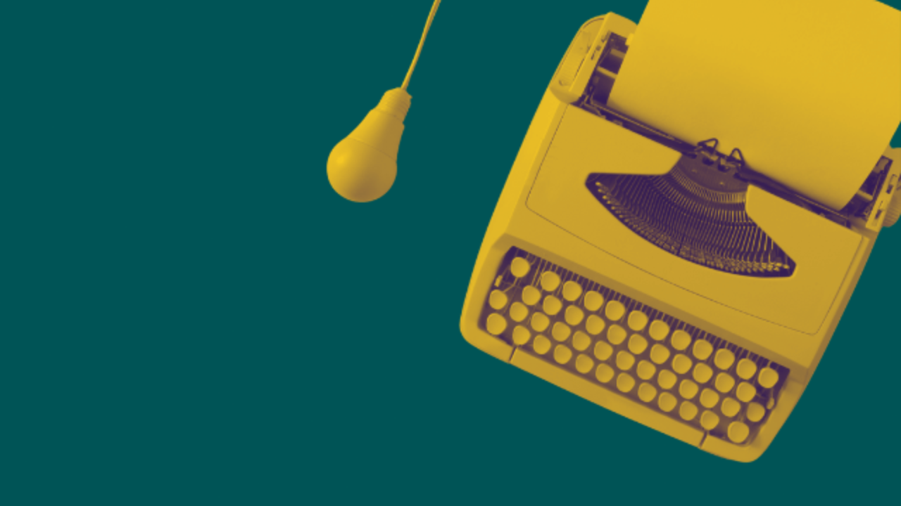 A typewrite and a lightbulb. you don't need the best equipment just a strong idea
