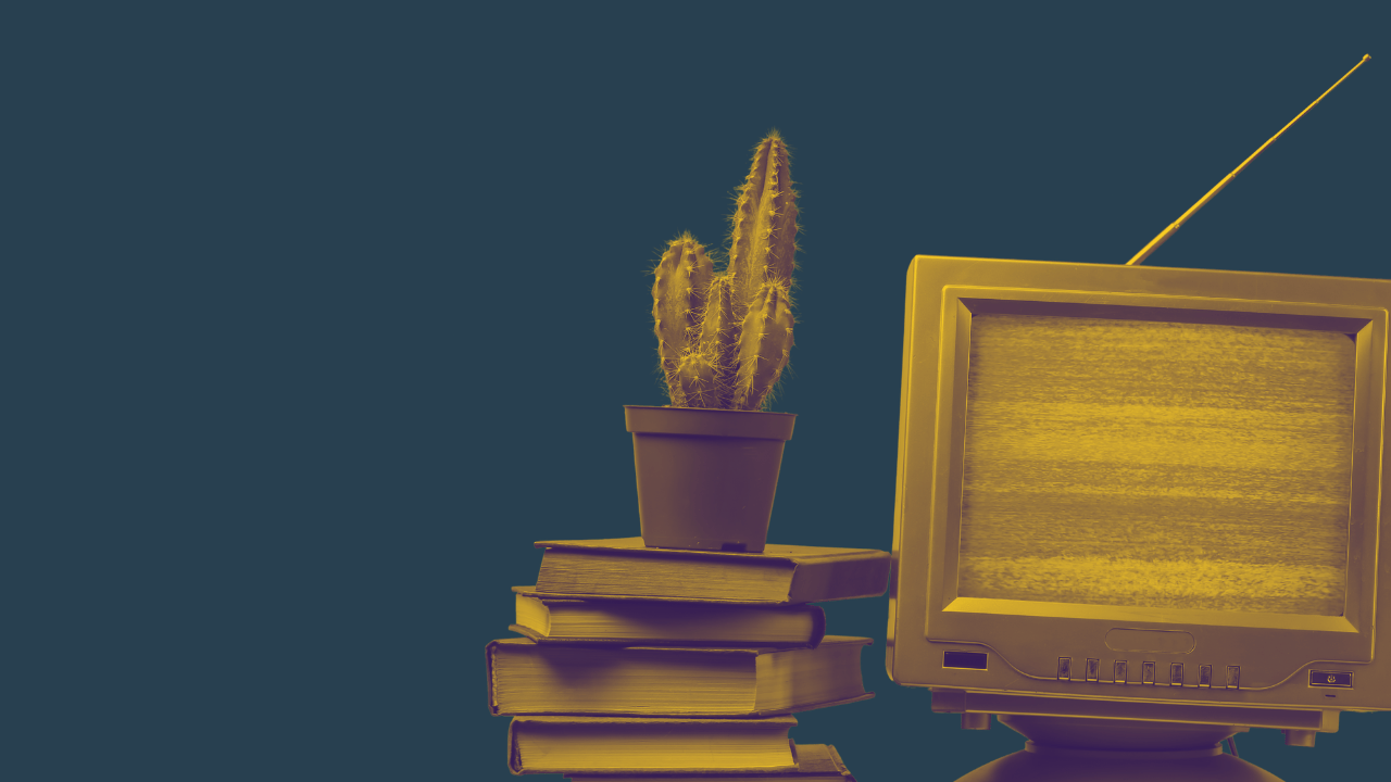 Stack of books cactus and a tv representing learning new lead gen with proven tactics