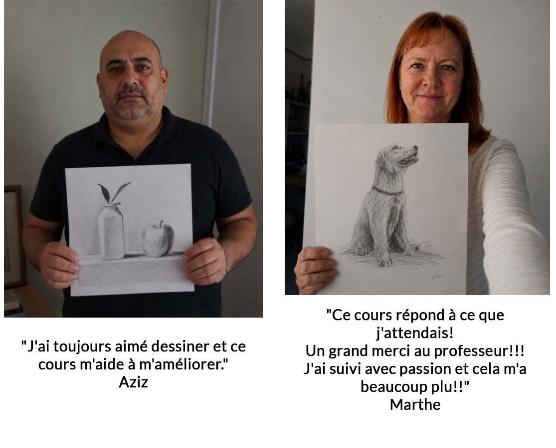 Aziz montre le résultat obtenu après avoir appris de nouvelles techniques artistiques.