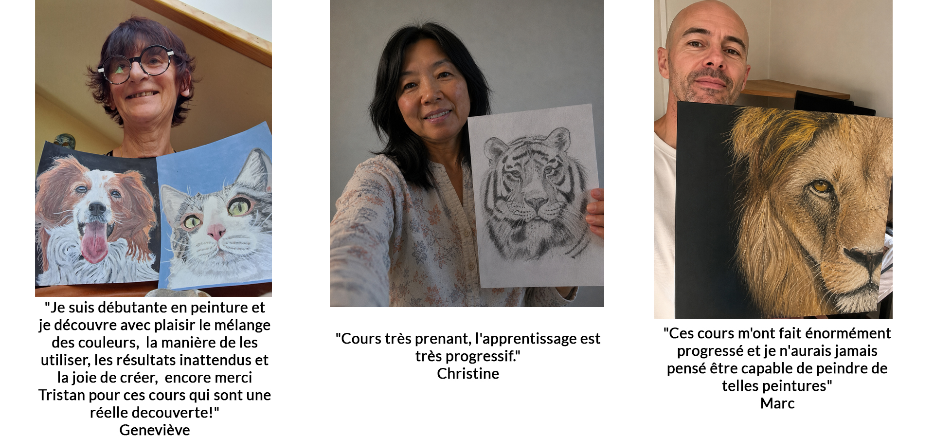 Marc présente son œuvre terminée après avoir suivi les cours de dessin et peinture.