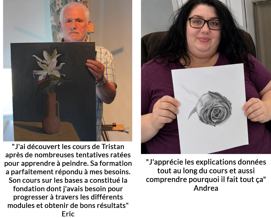 Andrea montre les progrès réalisés grâce aux cours de dessin et peinture.