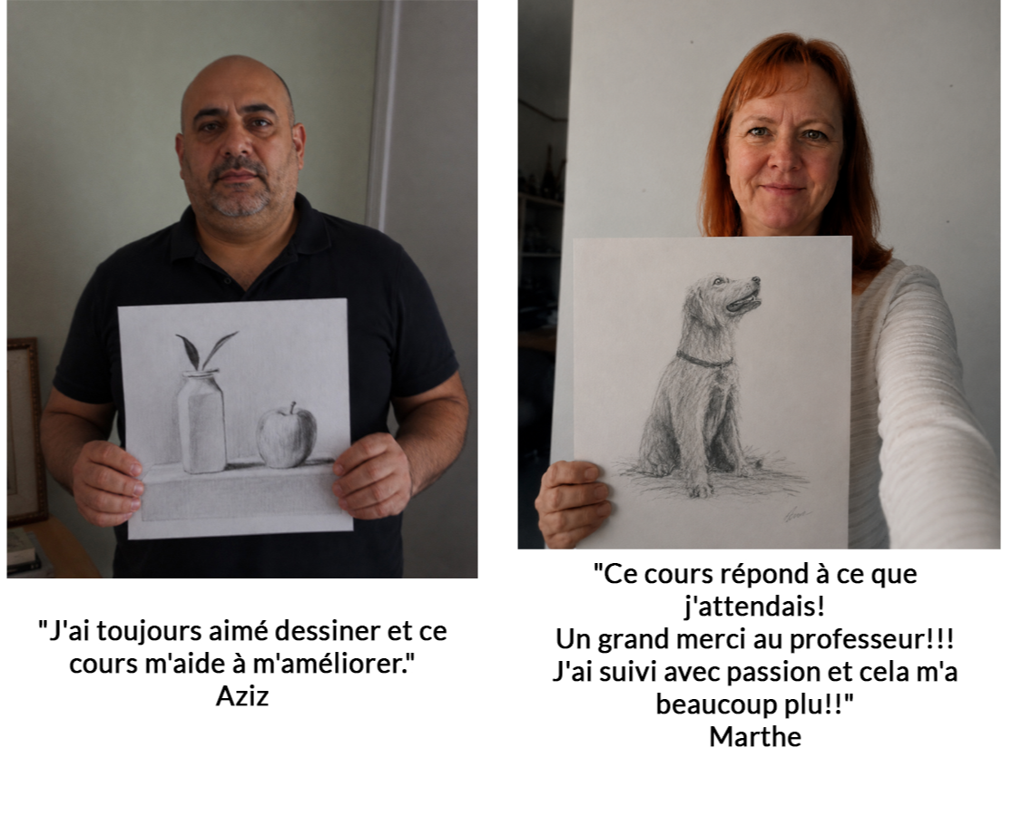 aziz pose avec son dessin réalisé pendant sa progression en dessin.