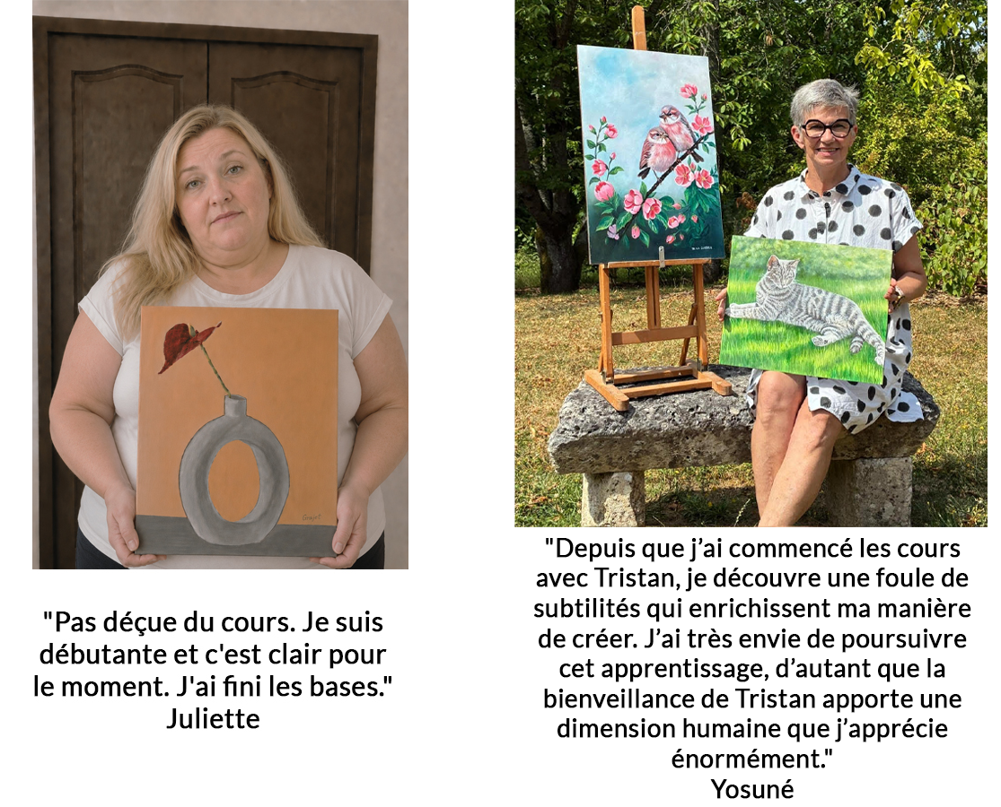 Yosuné présente le tableau qu'elle a réalisé en suivant le cours de peinture en ligne.