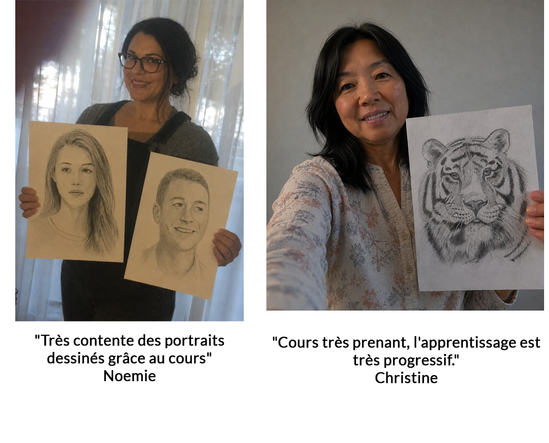 Noémie présente son portrait terminé après avoir suivi le cours de dessin.