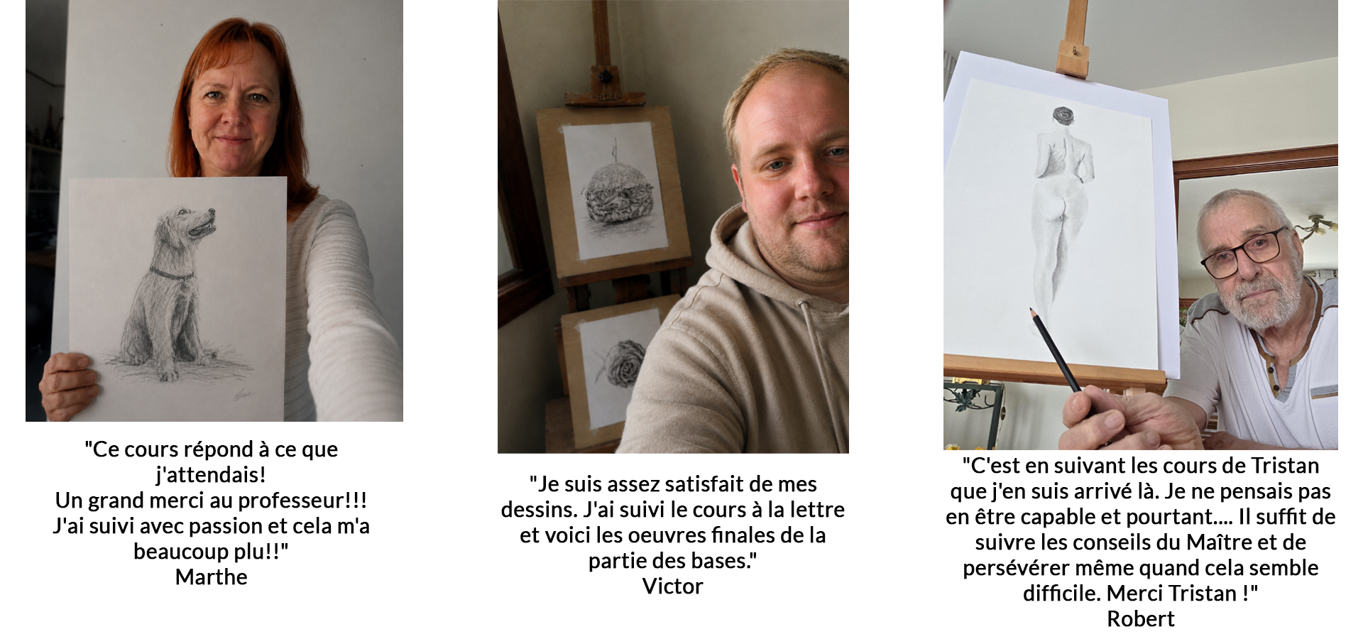 Marthe montre sa création achevée après avoir appris les techniques de dessin et peinture.