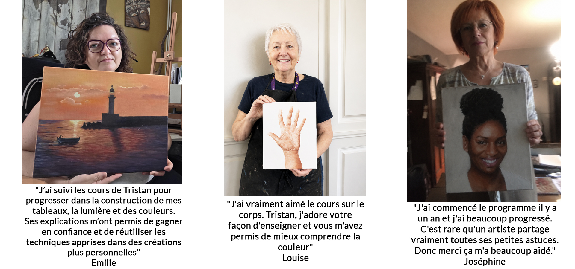 Louise expose fièrement son tableau réalisé durant le cours de peinture.