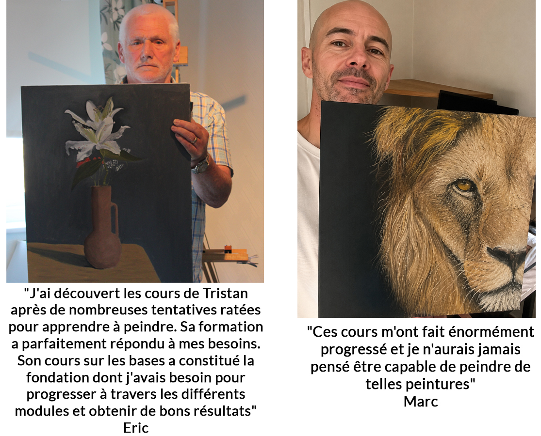 Eric montre les progrès réalisés grâce au cours de peinture en ligne.