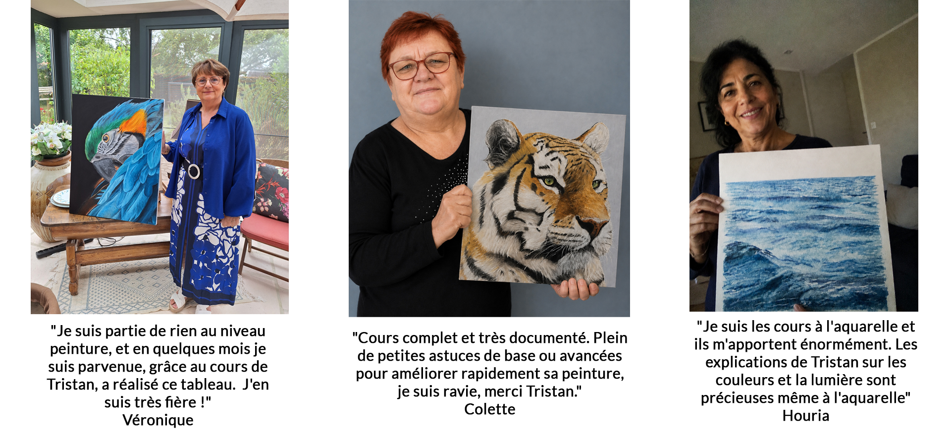 Veronique présente fièrement son œuvre réalisée durant les cours de dessin et peinture.