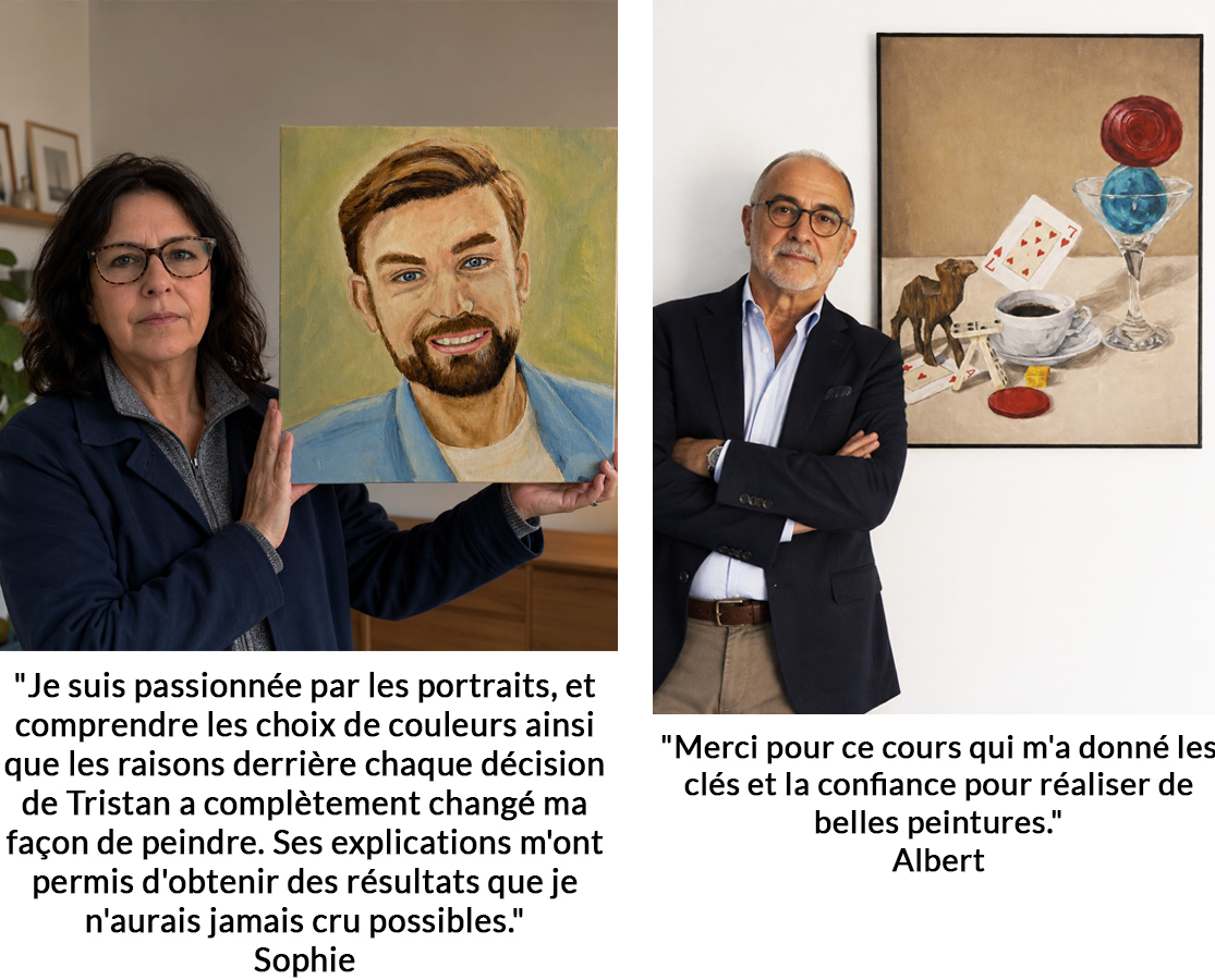 Albert montre son œuvre réalisée après avoir suivi la formation de peinture.