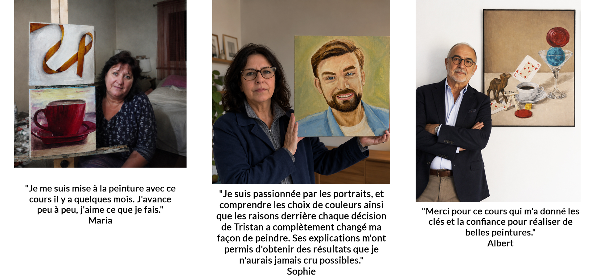 Houria montre son tableau terminé à l'issue du cours de peinture de Tristan Saint-Michel.
