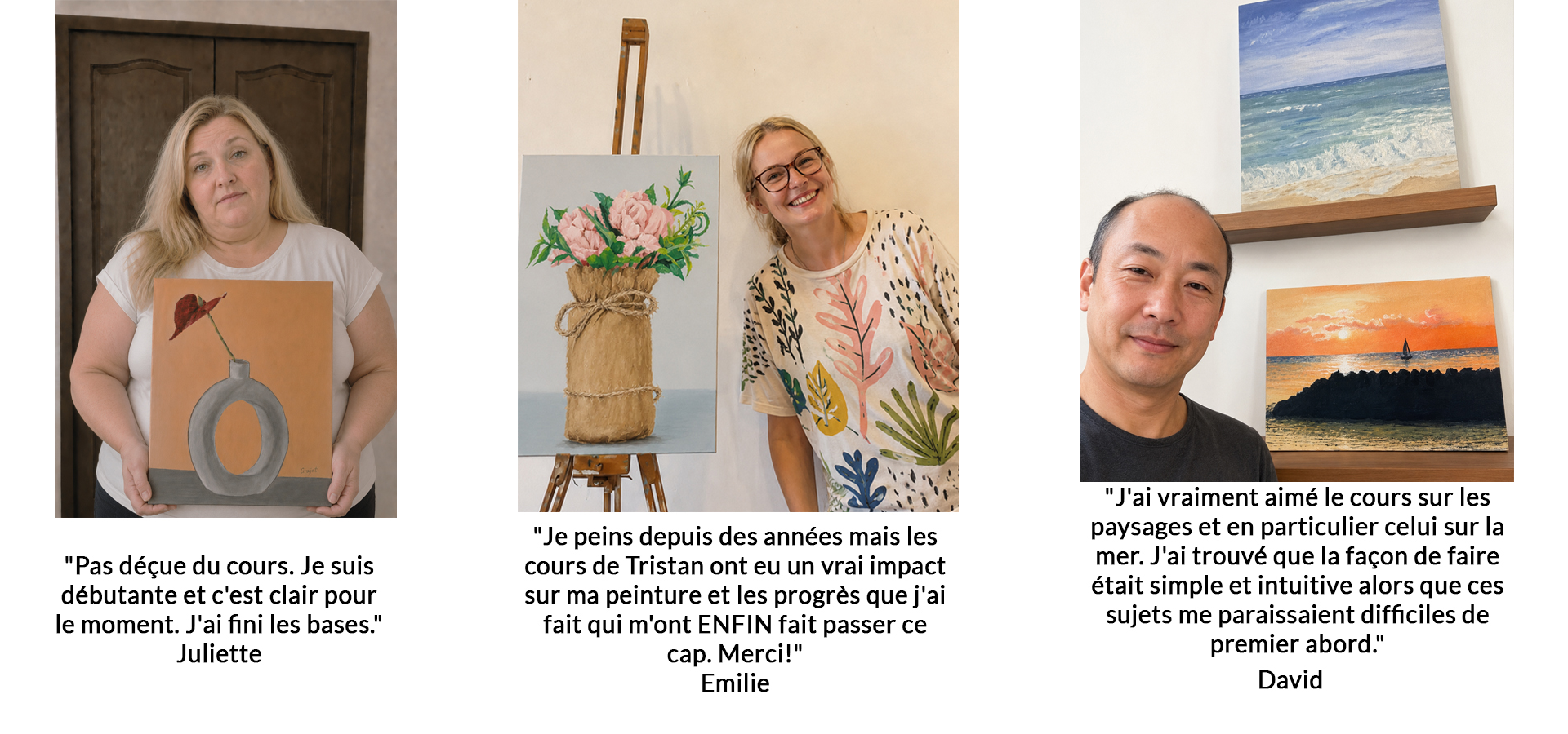 Émilie montre son tableau réalisé grâce au cours de peinture de Tristan Saint-Michel.