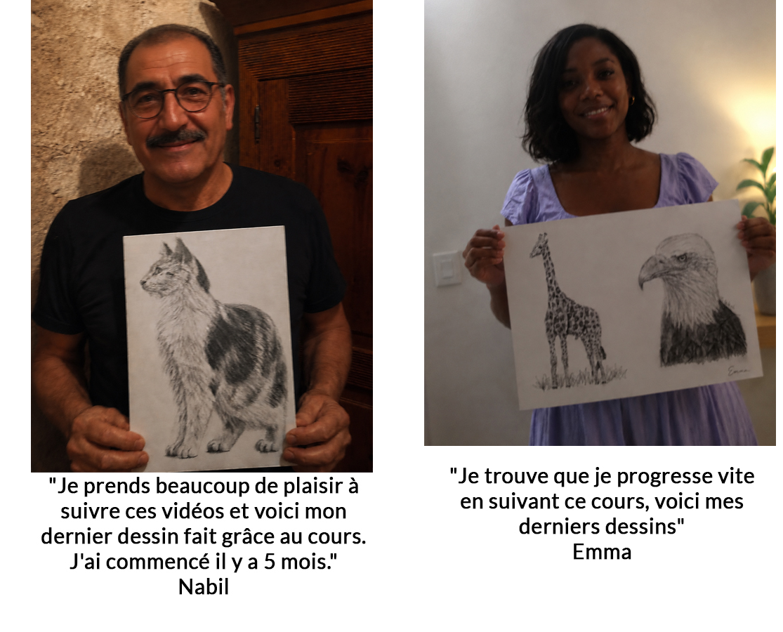 Nabil présente le résultat de son apprentissage en dessin et peinture.