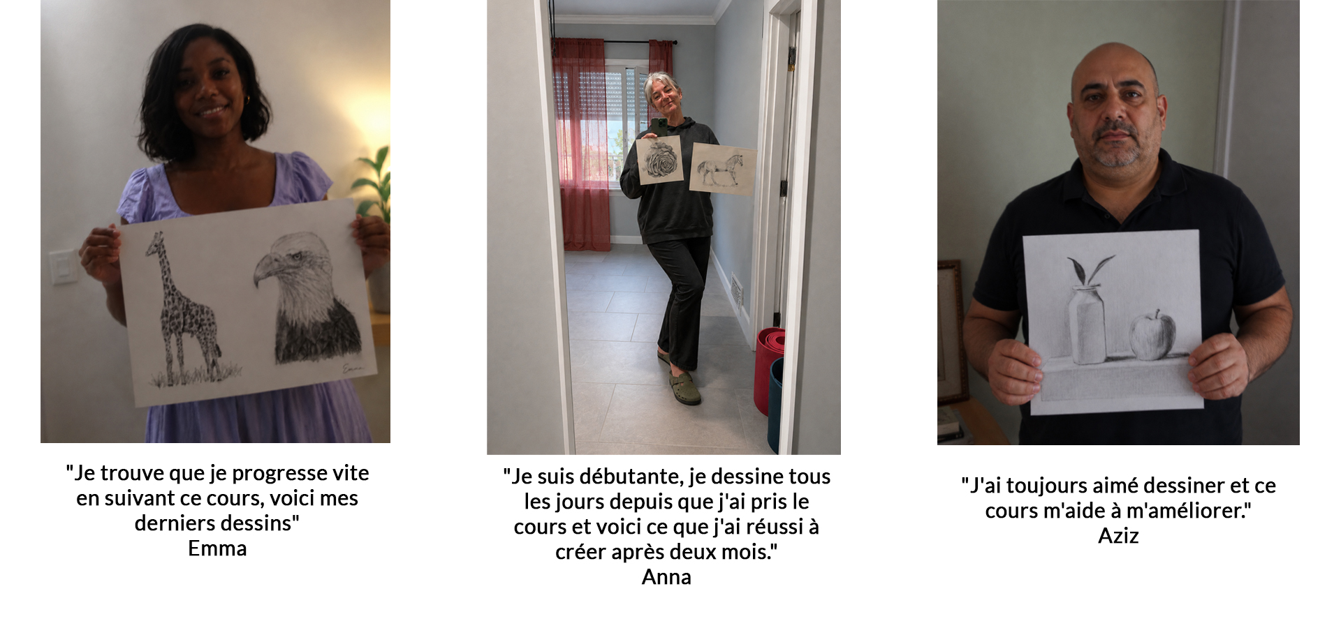 Emma pose avec sa réalisation terminée après plusieurs cours de dessin et peinture.