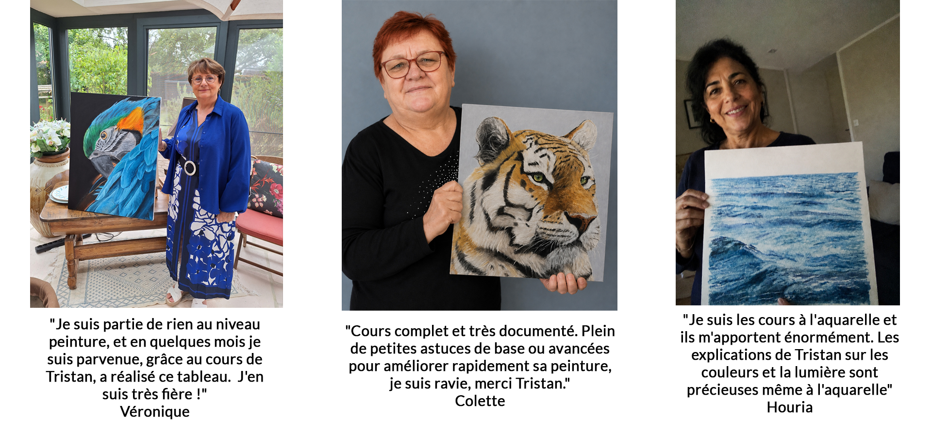 Vernoique pose avec son tableau réalisé pendant la formation de peinture.