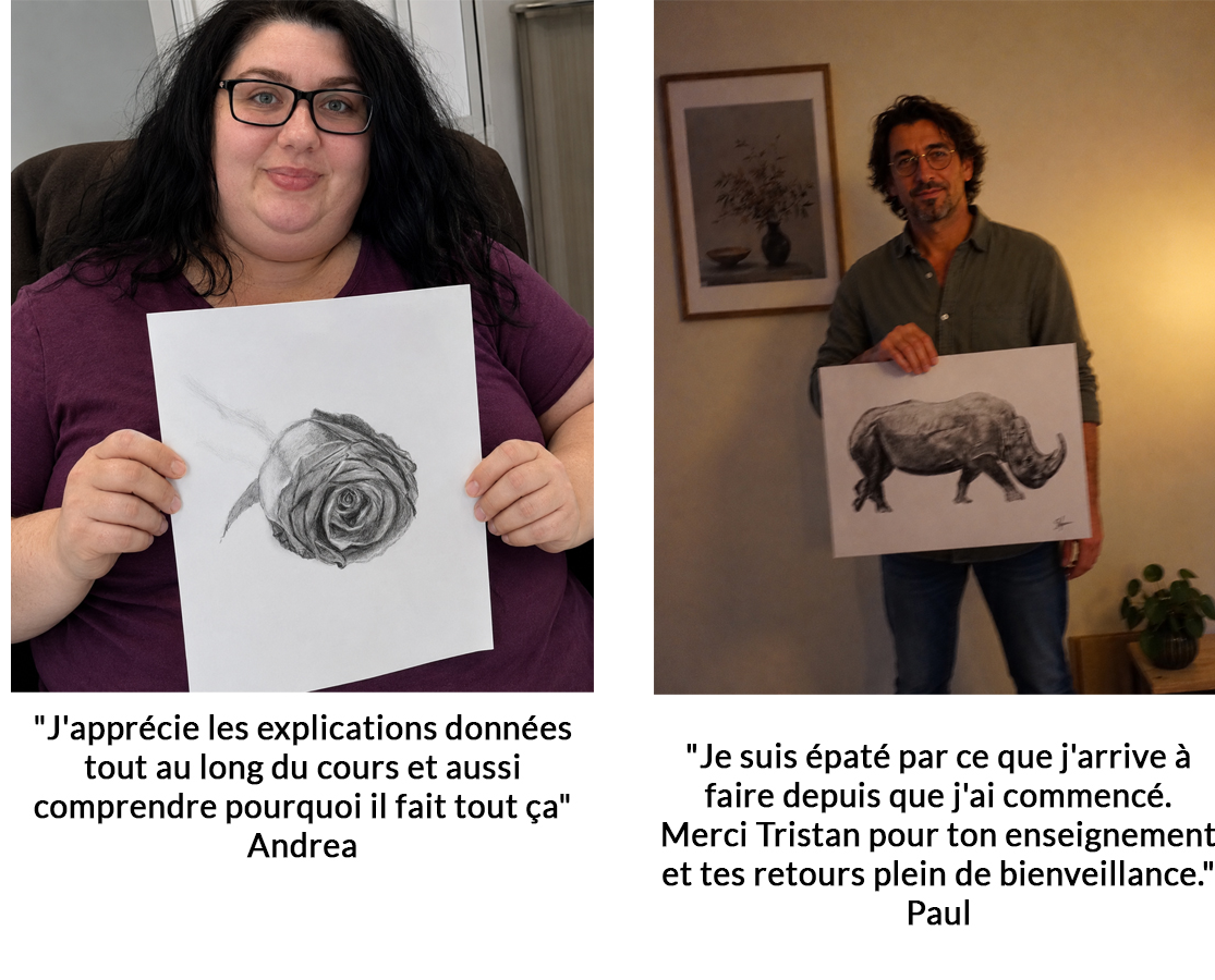 paul partage le résultat obtenu grâce au cours de dessin réaliste.