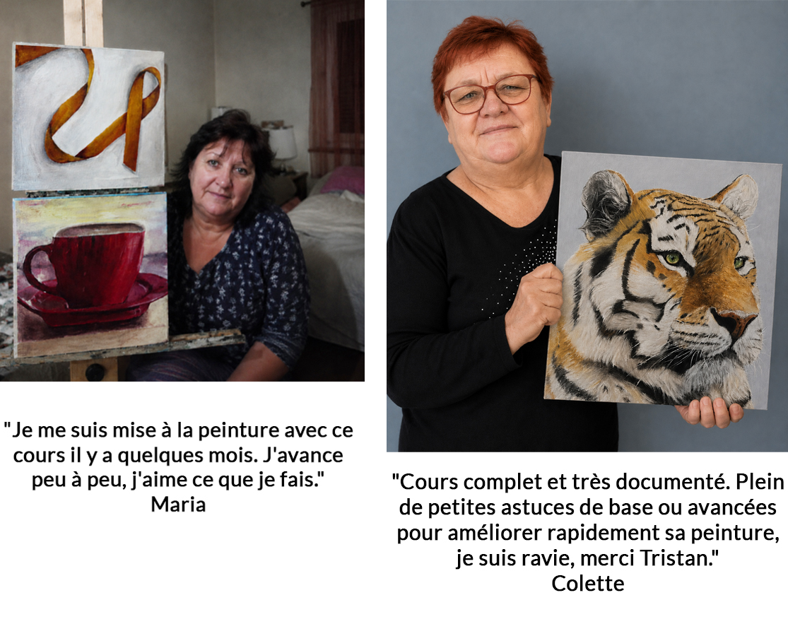 Maria pose avec sa peinture réalisée pendant sa progression en peinture.