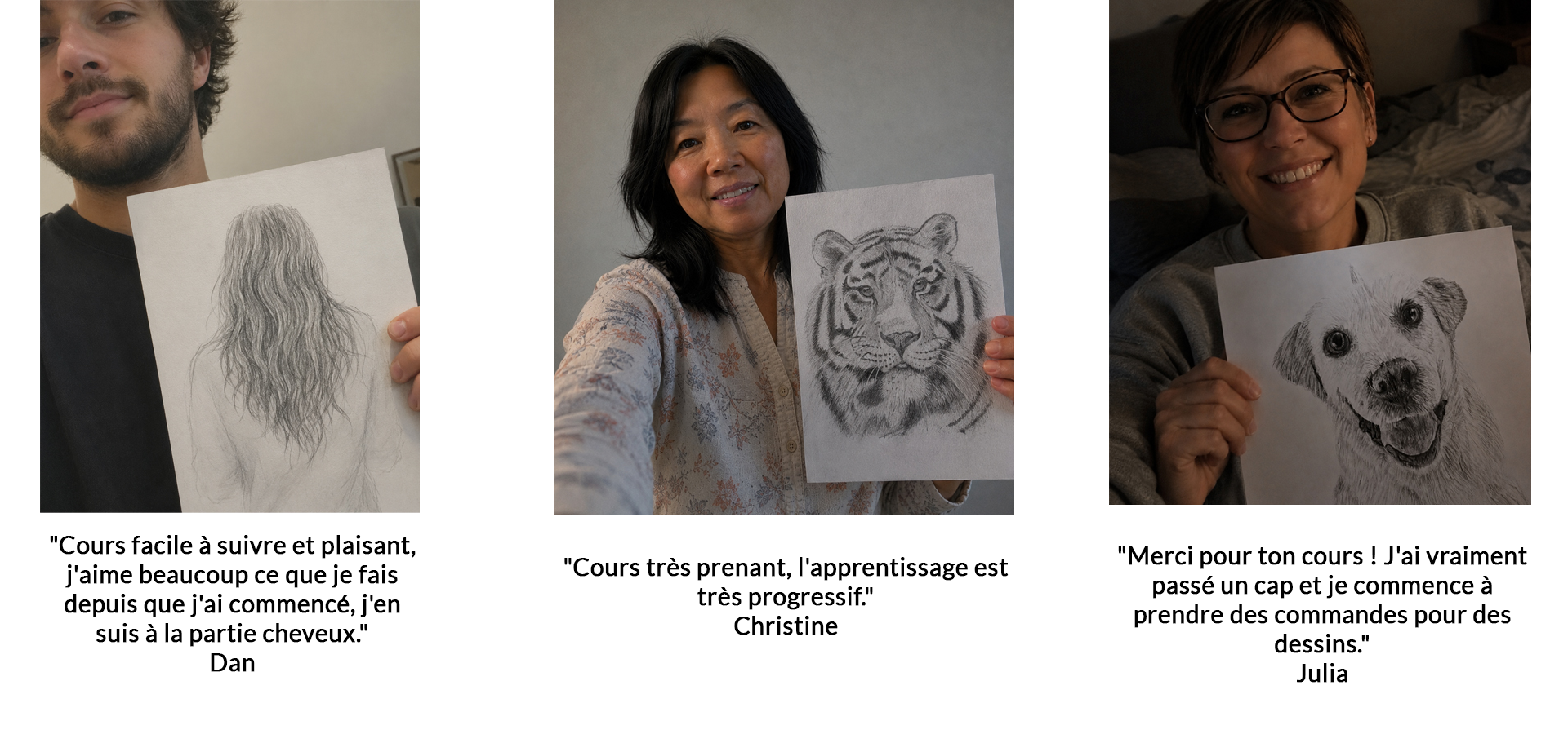 Christine pose avec son dessin réaliste réalisé durant le cours de Tristan Saint-Michel.