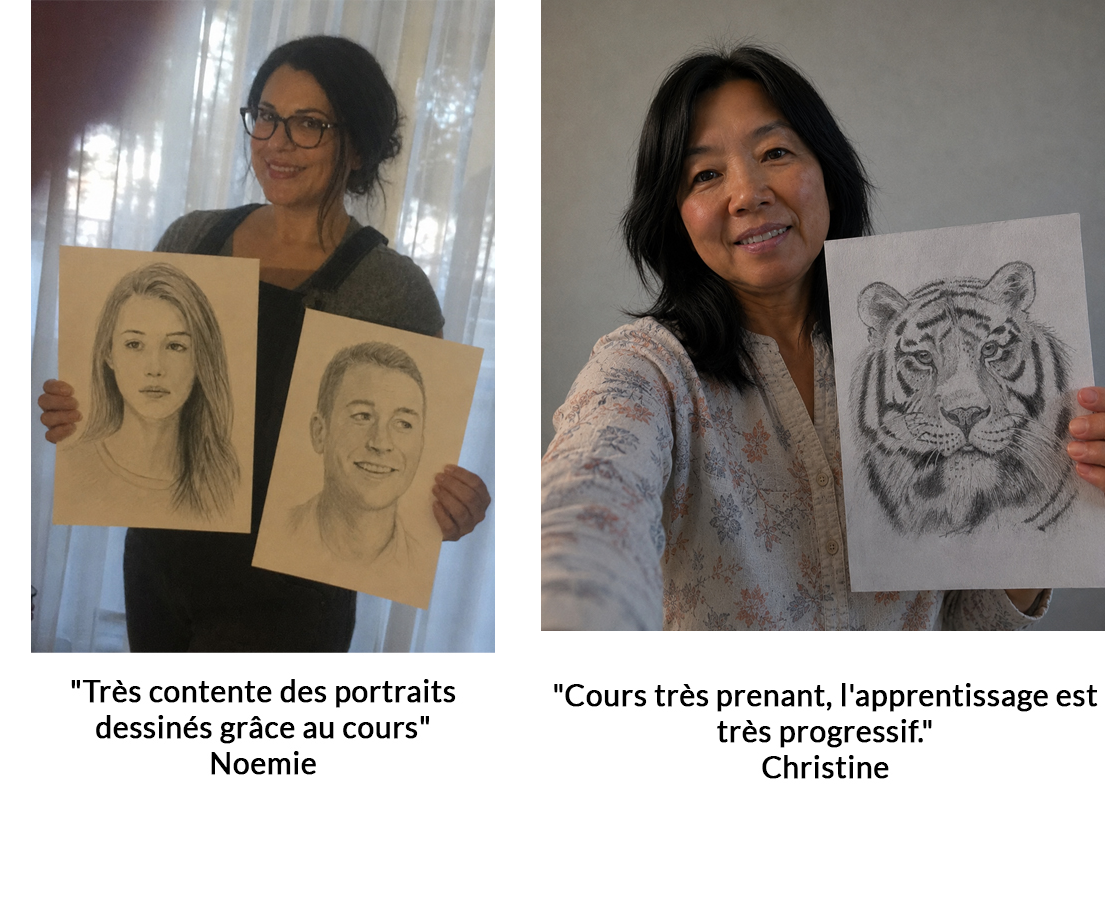 Noemie montre sa création terminée après avoir suivi les cours de dessin et peinture.