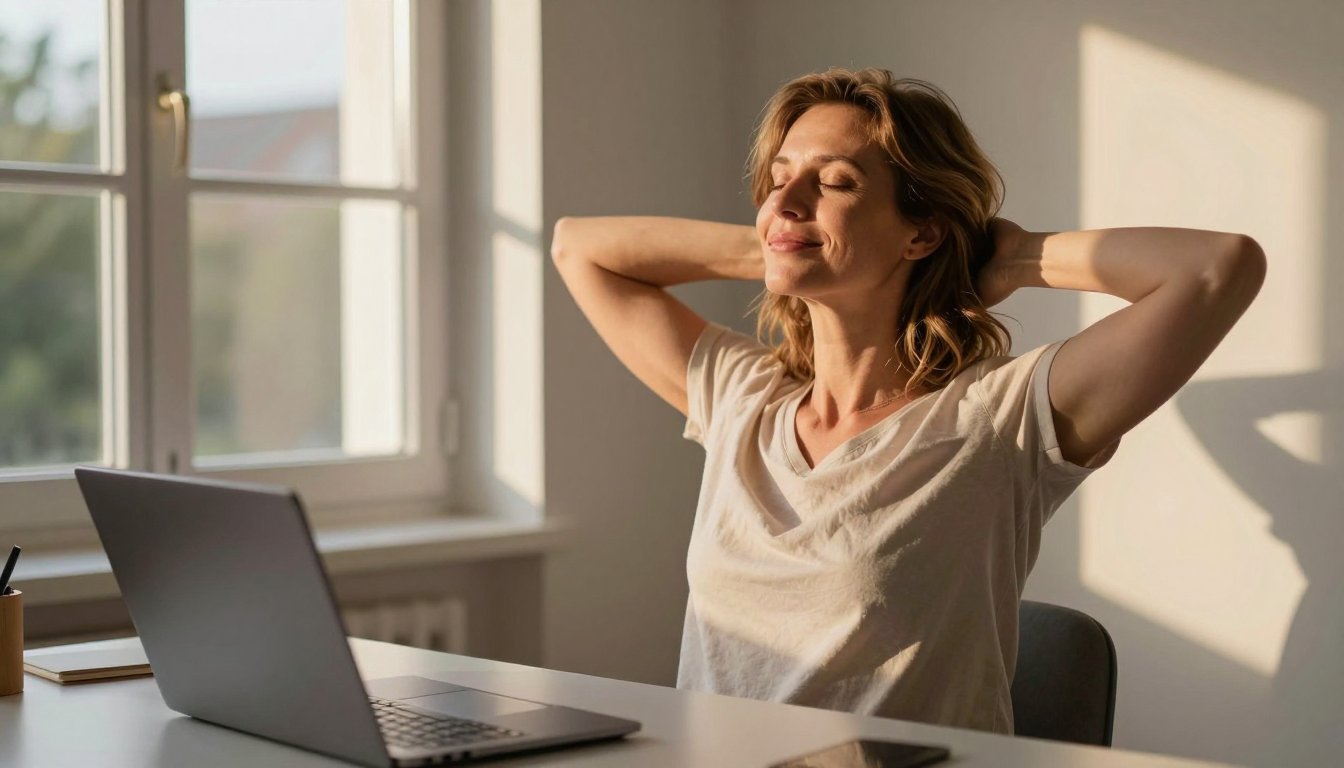 Vrouw strekt haar armen achter haar hoofd na het werk aan de laptop