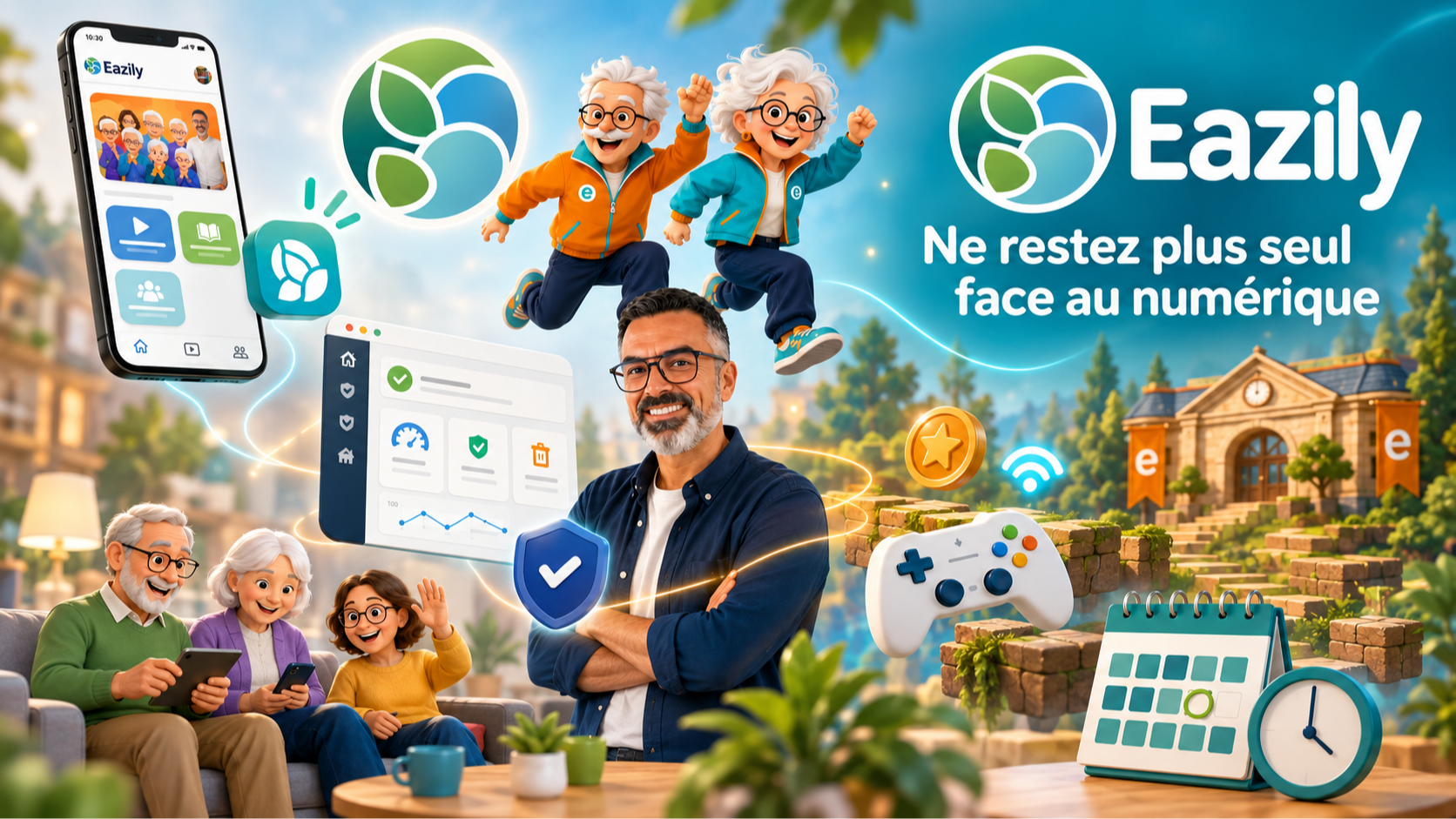 Eazily : ne restez plus seul face au numérique. Nicolas entouré de seniors souriants qui utilisent leur téléphone, leur tablette et leur ordinateur