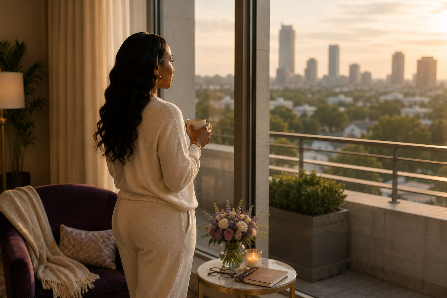 Accomplished Black woman standing quietly at a window and reflecting on her life