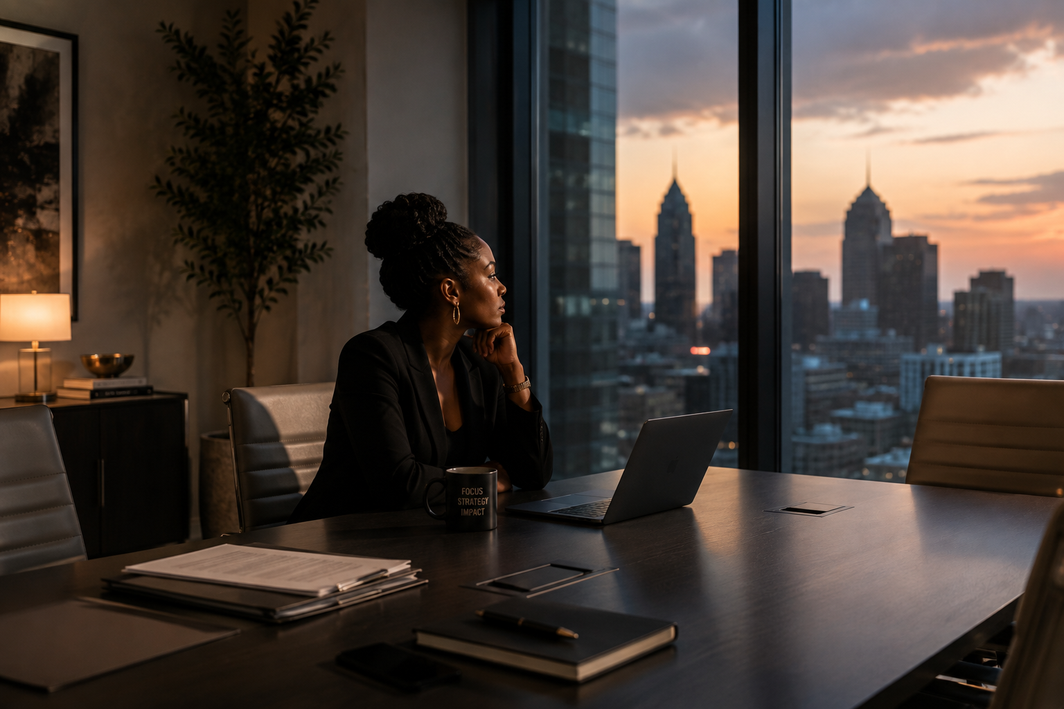 Black executive alone in a boardroom after the workday, quietly considering the cost nobody sees