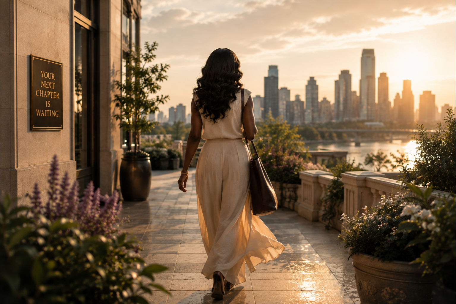 Black woman walking forward with intention toward a sunlit city view