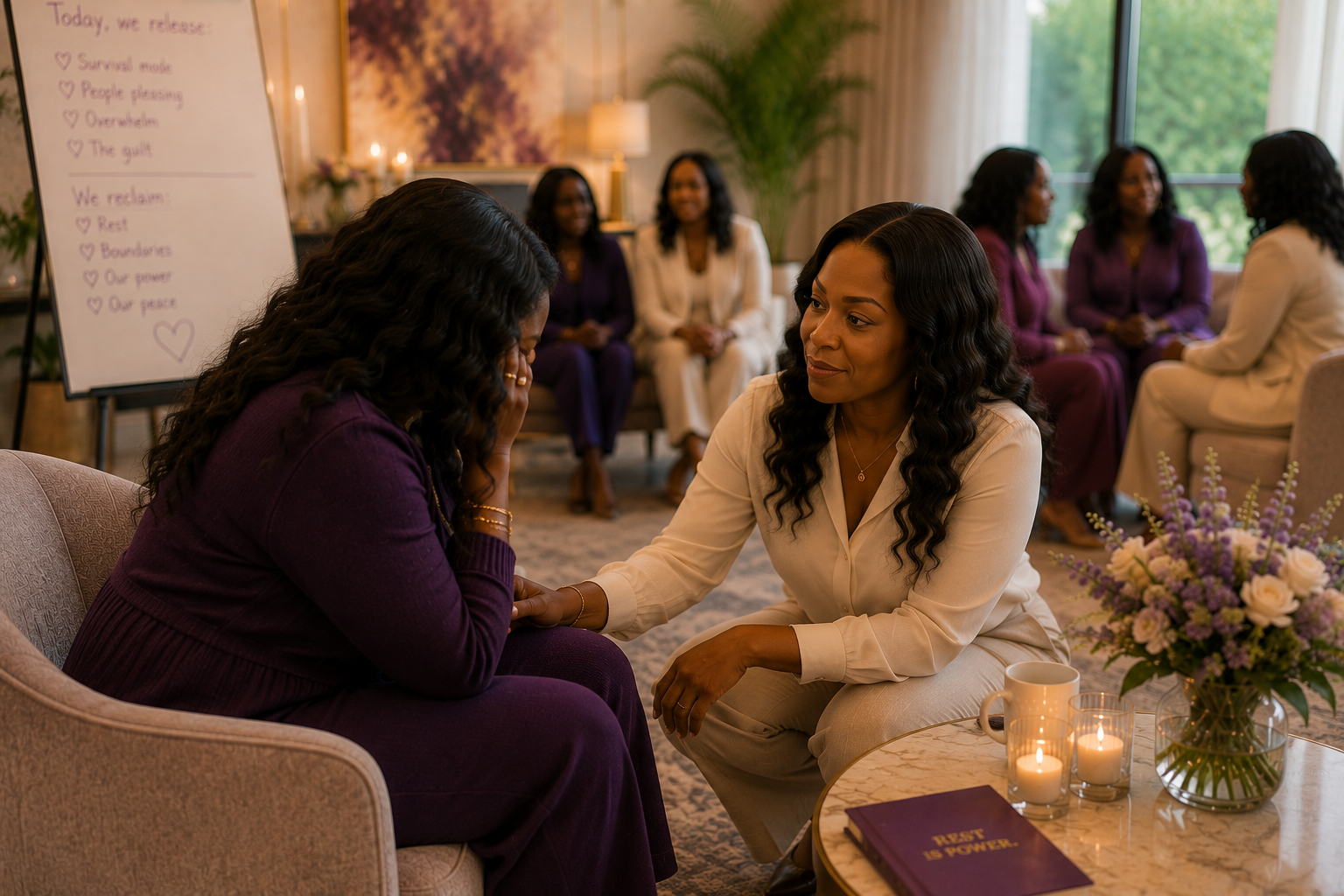 One Black woman offering grounded support to another in an intimate community setting