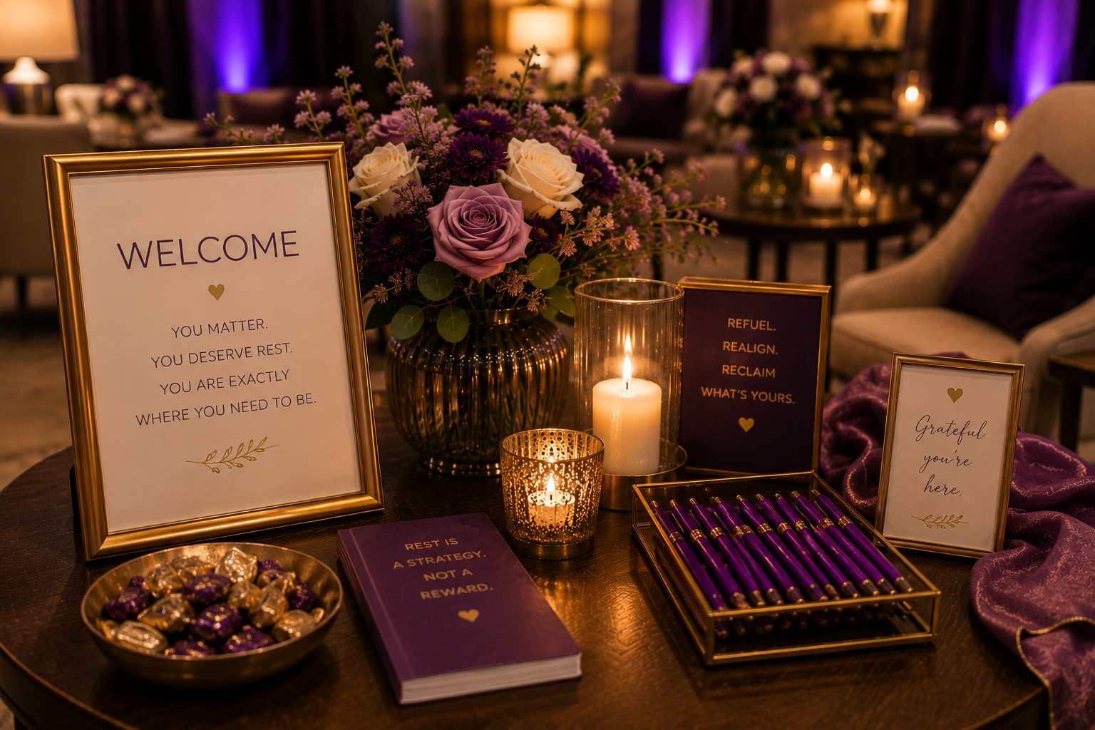 An elegant welcome environment prepared for women entering a meaningful experience