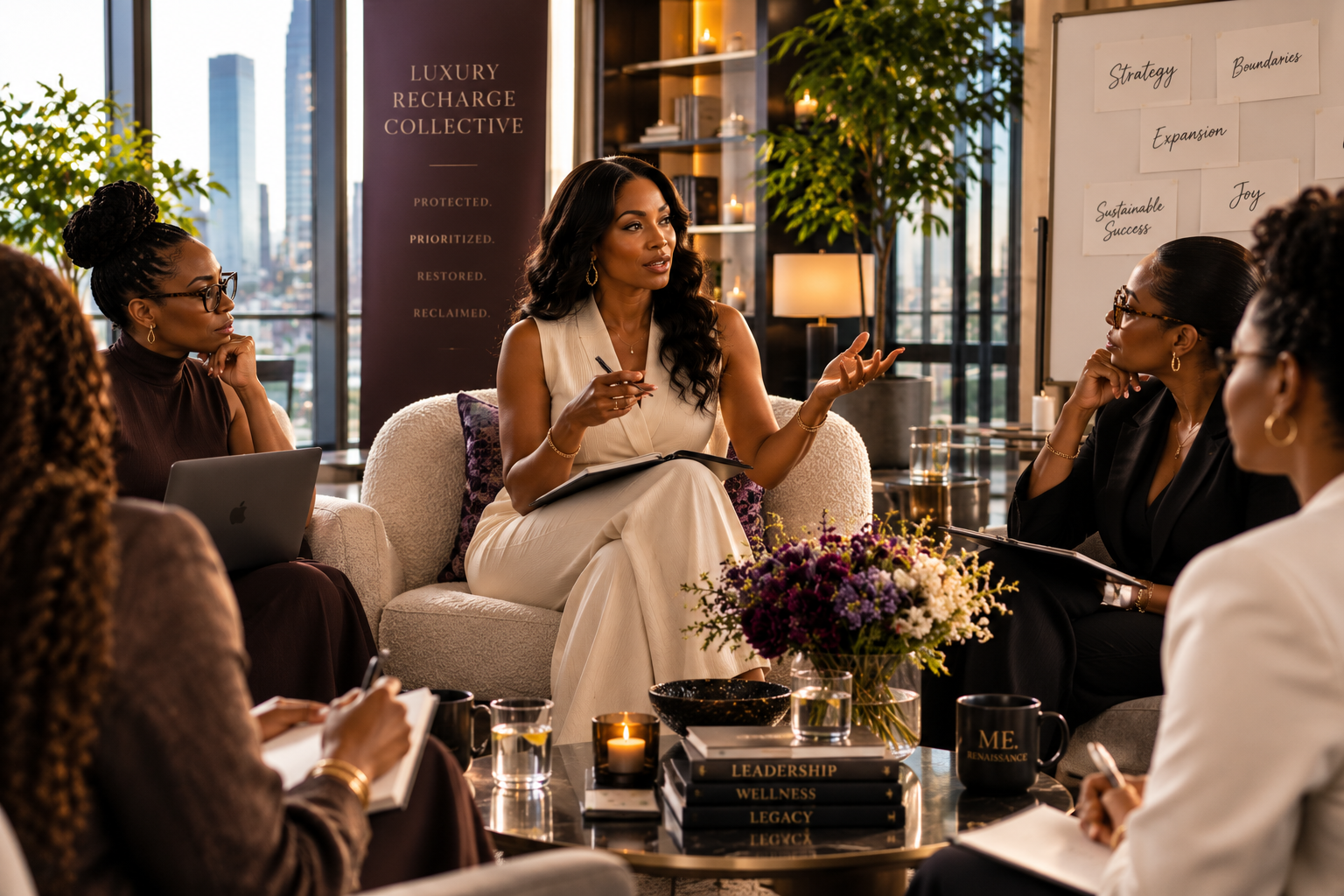 Black women engaged in a thoughtful leadership conversation in an elegant setting