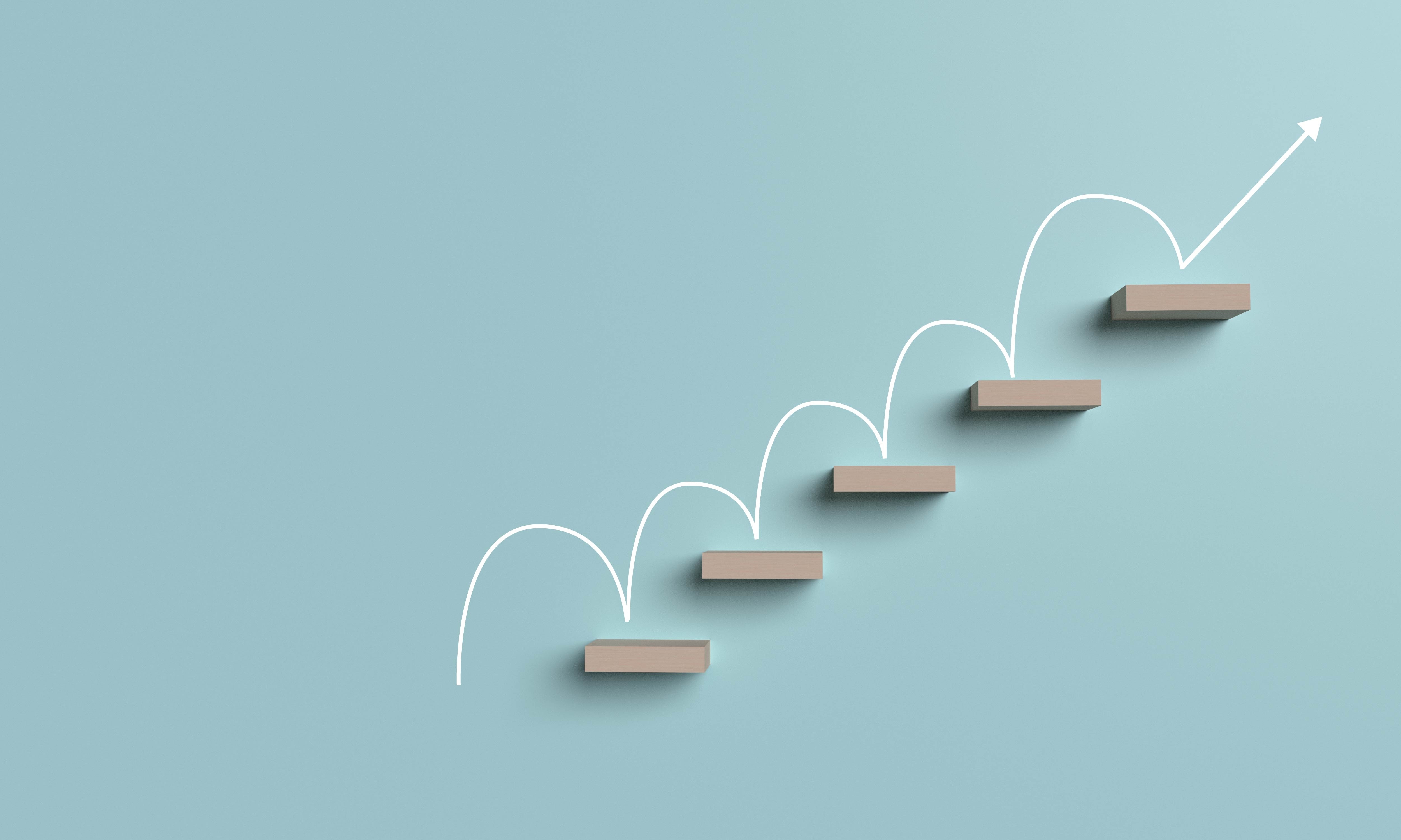 A row of steps rising upwards, with a line bouncing from one step to the next