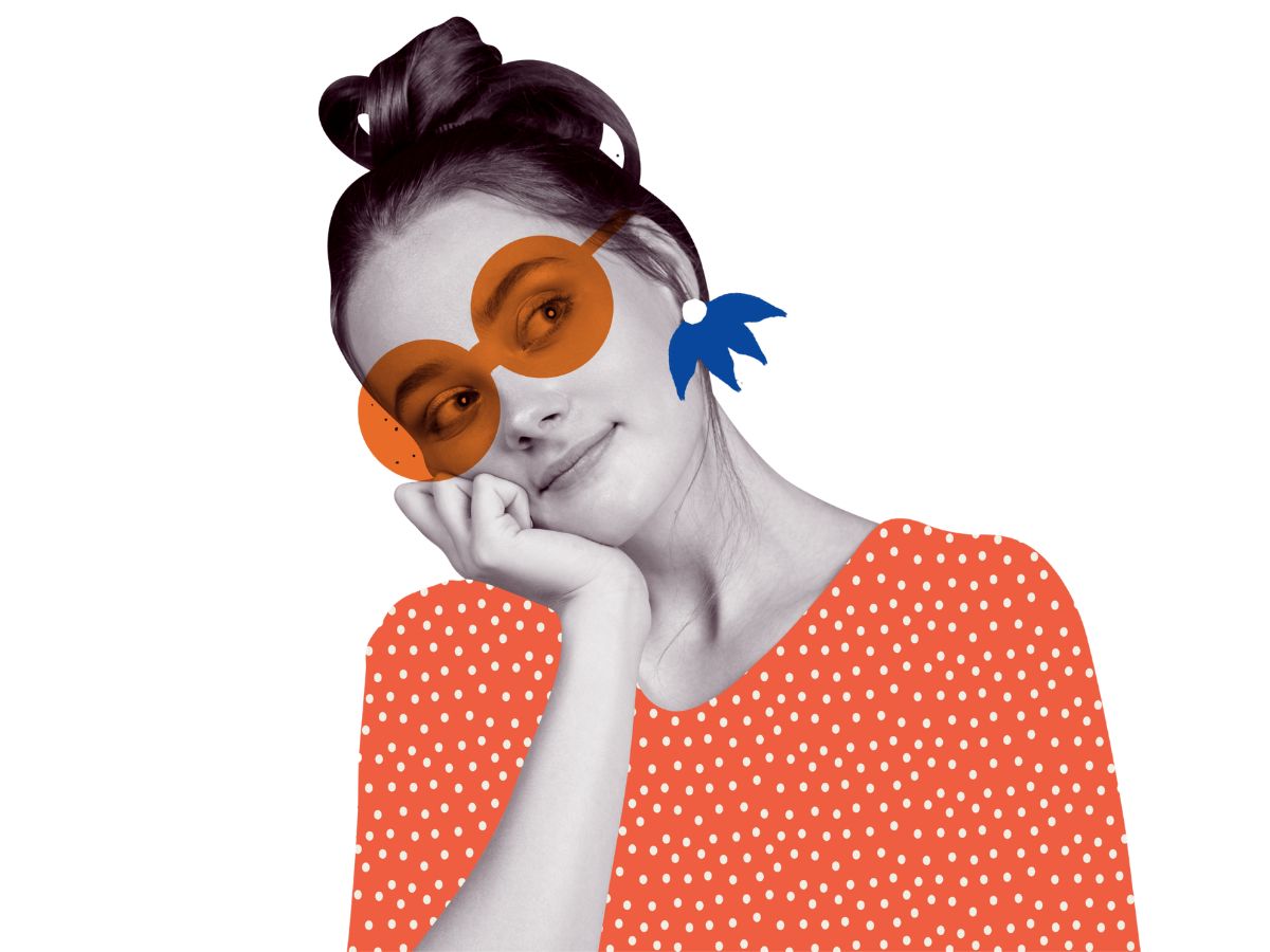 Collage-style portrait of a young woman resting her chin on her hand, daydreaming