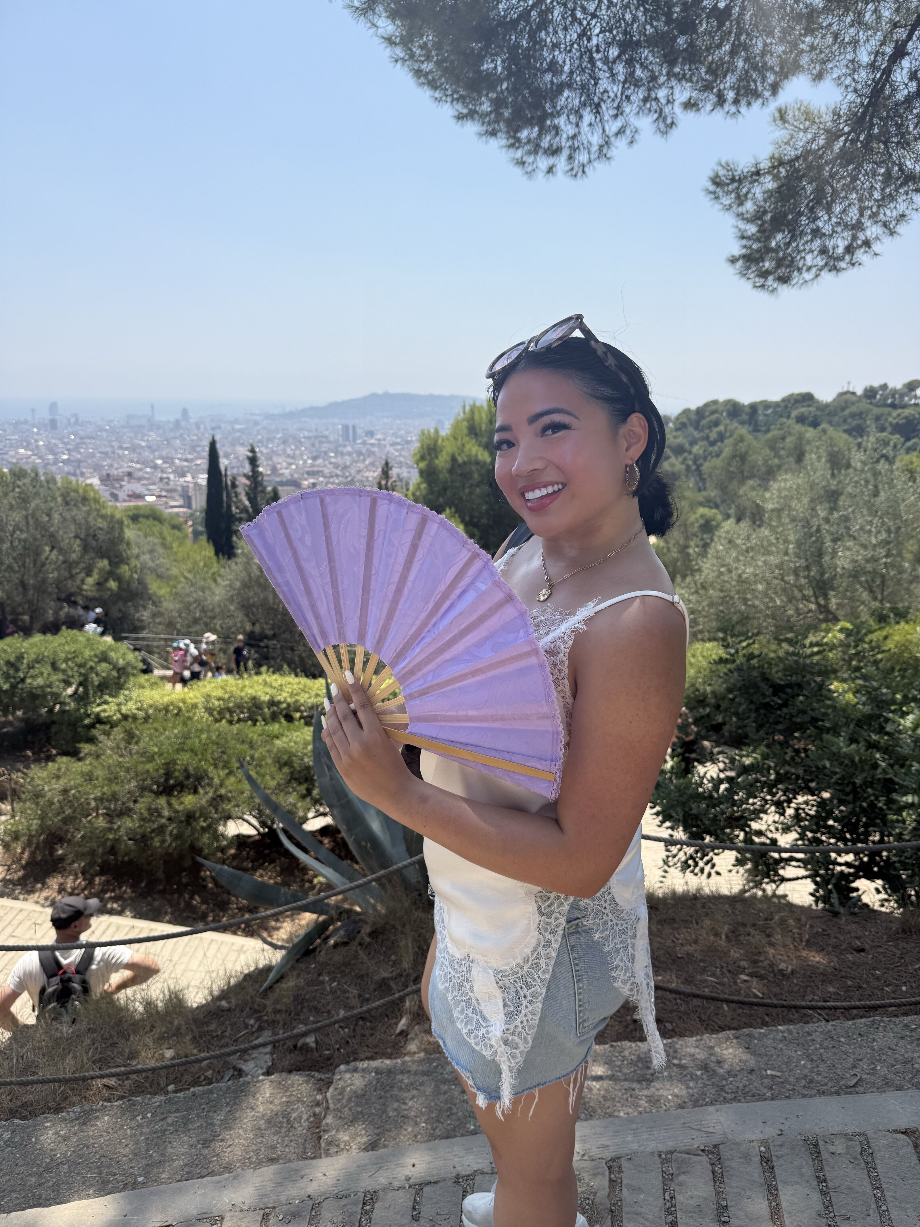 Megan with a lavender fan in Barcelona