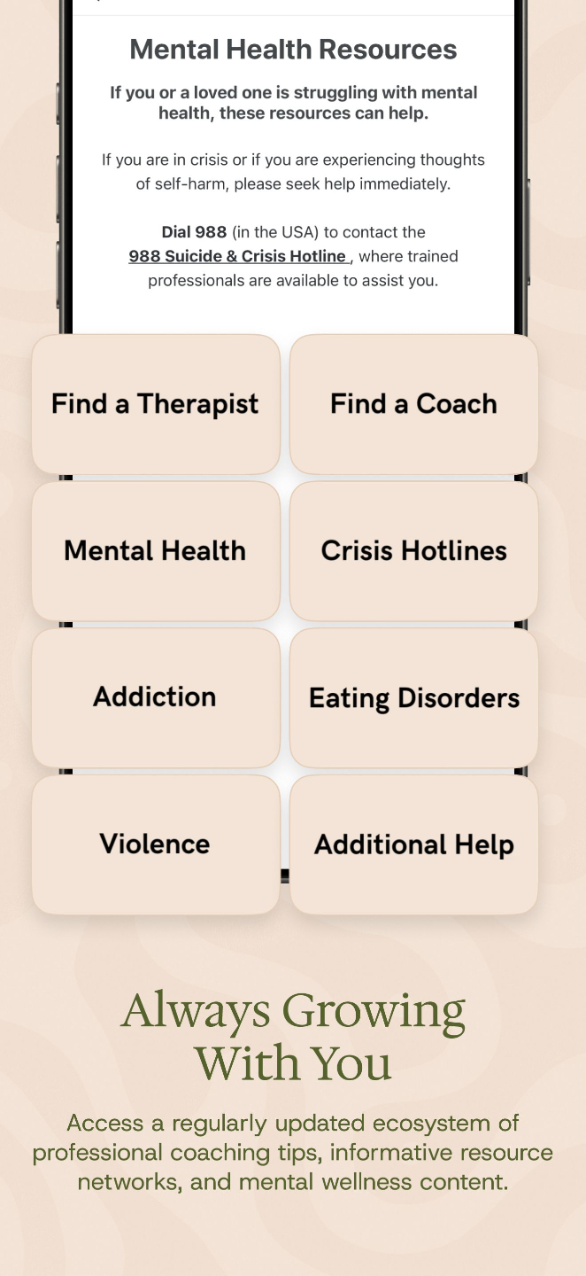Lovely Refinement app mental health resources screen featuring crisis support information, therapist and coach options, crisis hotlines, addiction resources, eating disorder resources, violence support, and additional help for women’s mental health